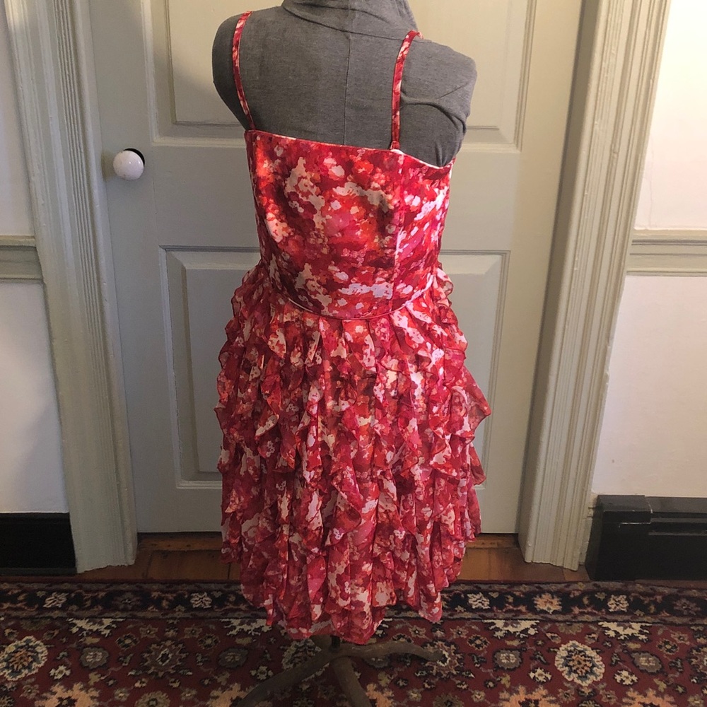 White House Black Market Red and Pink Floral Ruffle Midi Dress